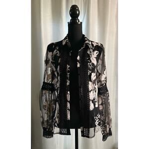 A. Peach Sheer Embroidered Floral Blouse Balloon Sleeves Size Small